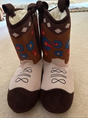 Lazy One Brown, Tan, Blue & Red Cowgirl Boot Slippers